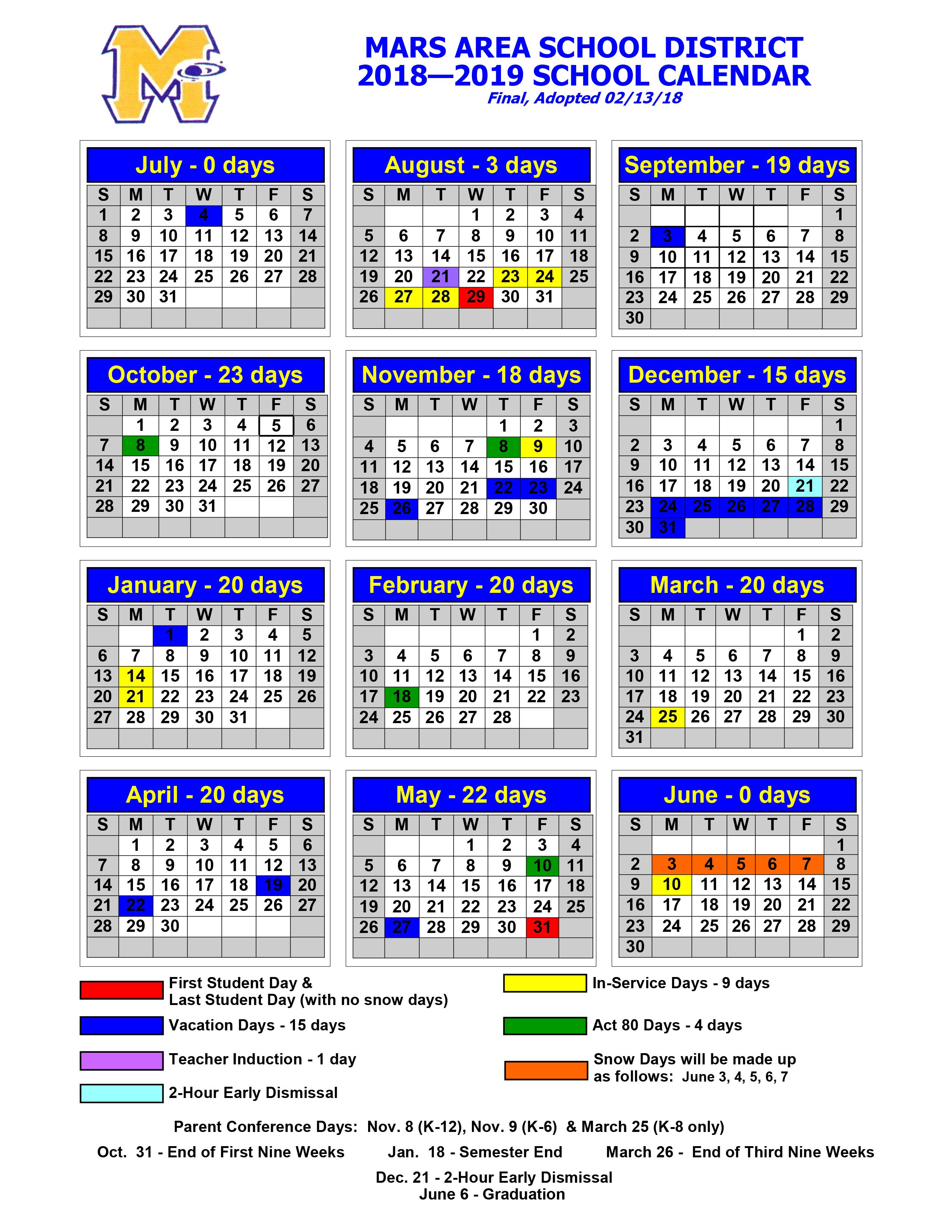 2018-2019 Mars Area School District Calendar