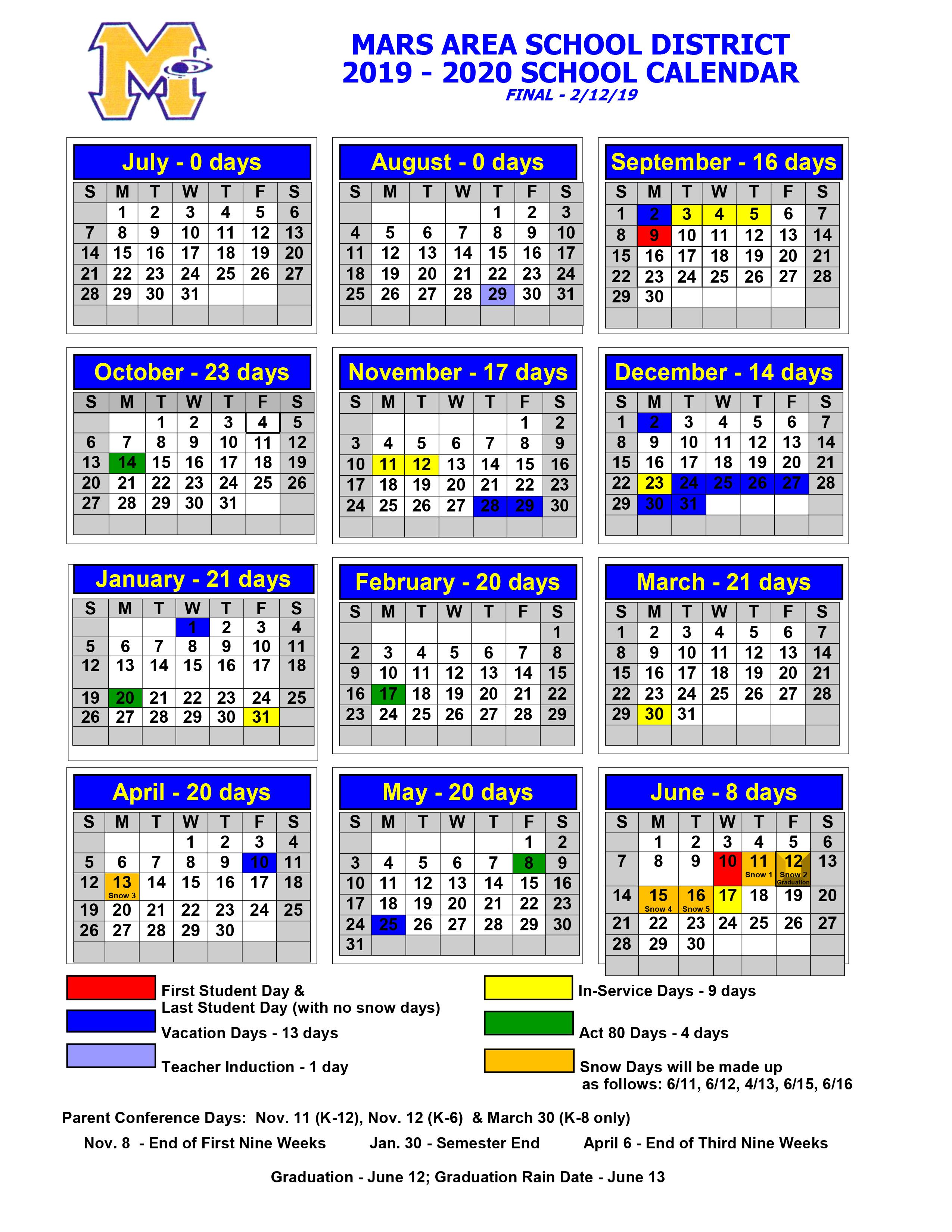 Mars Area School District 2019-2020 District Calendar