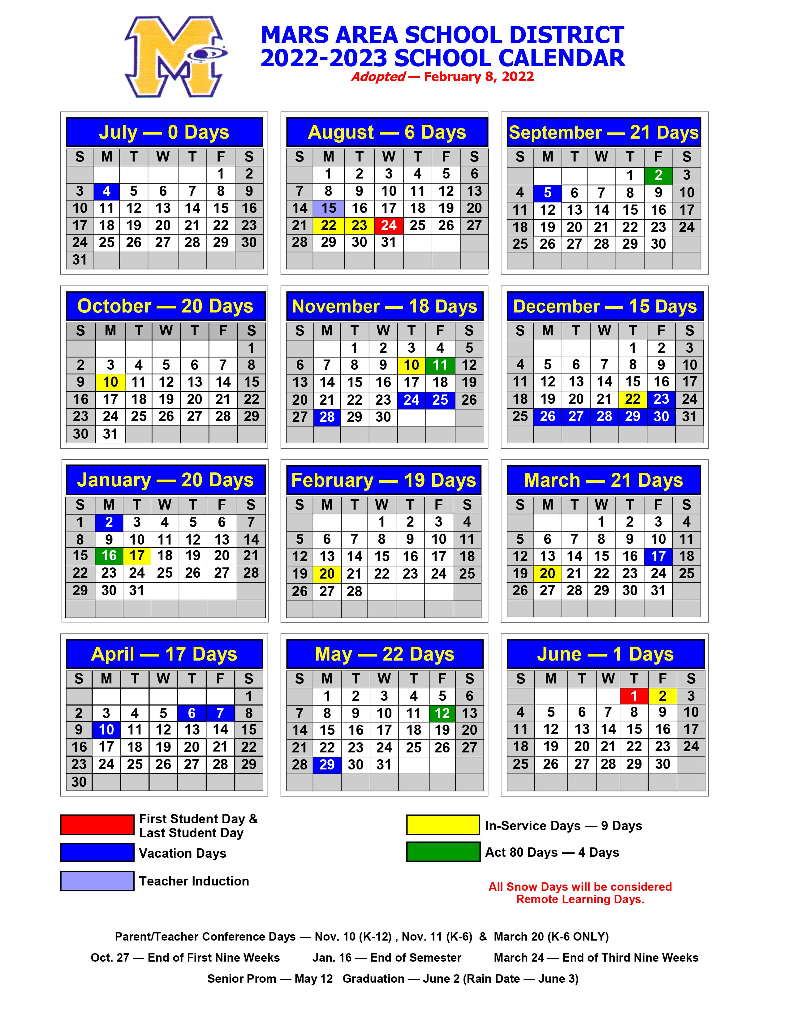 2022-2023 Mars Area School District Calendar 