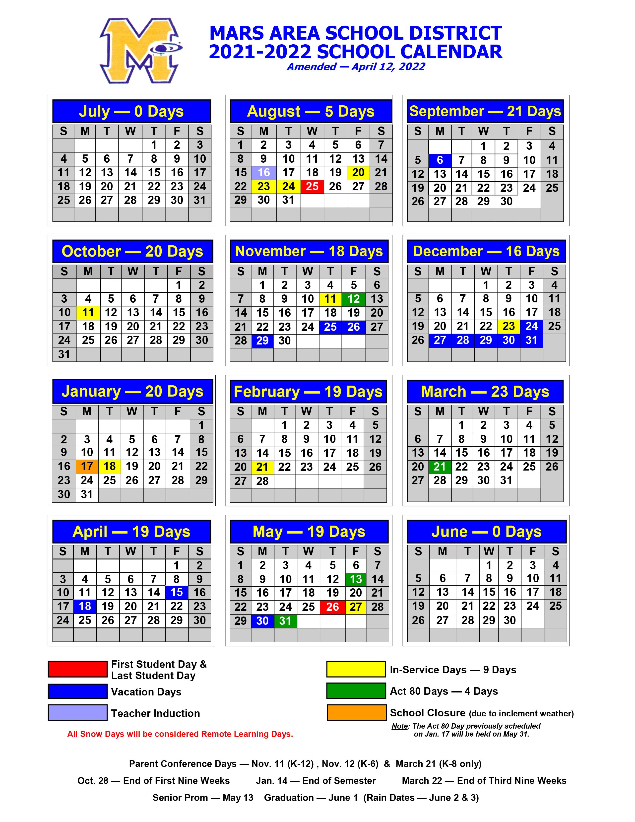 2021-2022 Mars Area School District Calendar