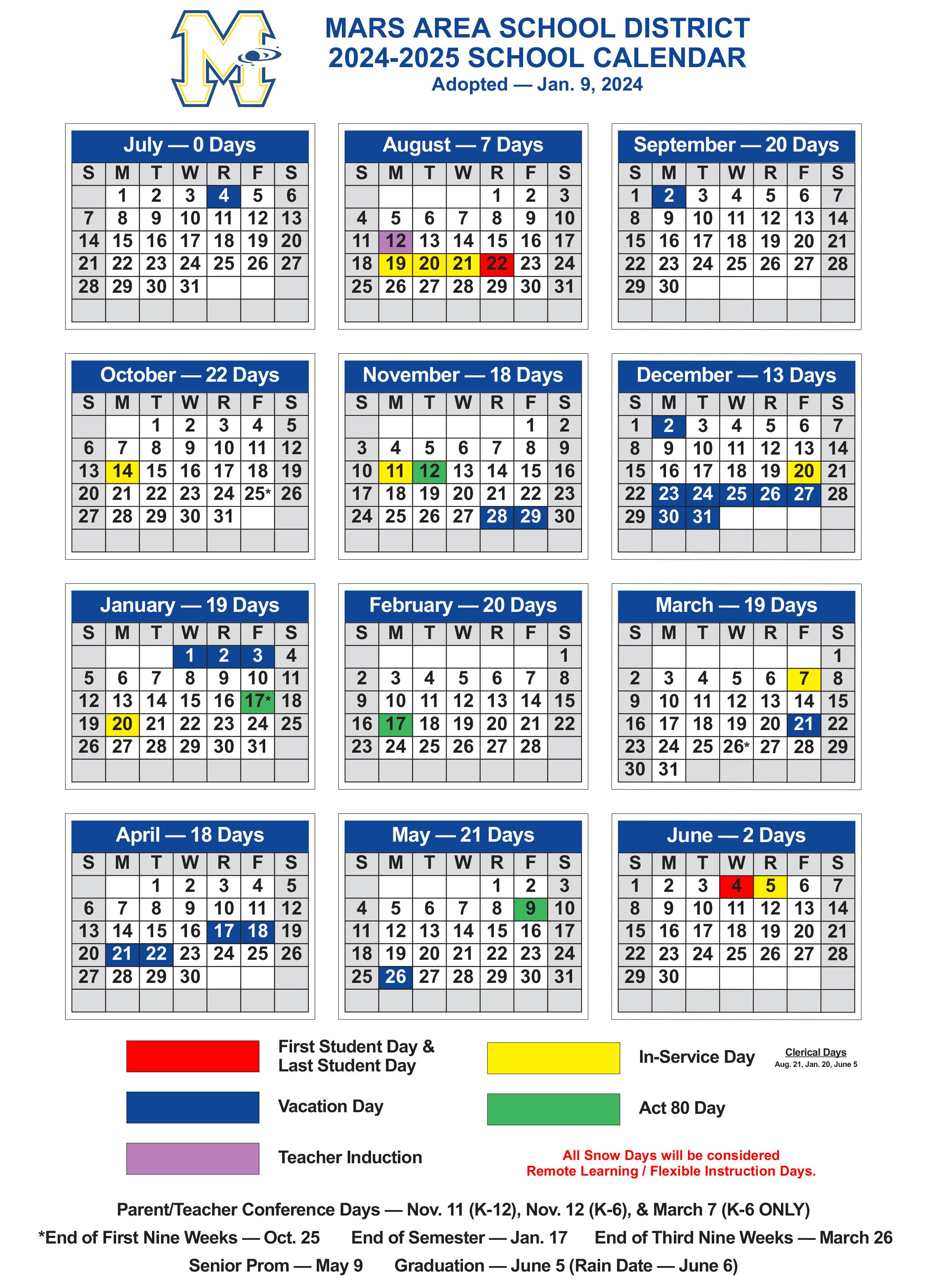 2024-2025 Mars Area School District Calendar