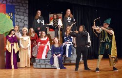 Mars Area High School\'s production of The Somewhat True Tale of Robin Hood. Pictured (front row, from left) are Anna Schauble (Lady Marian), Reagan Lloyd (Lenore), Lauren Spindler (Lady in Waiting), Audrey Milk (Fawning Lady), Kyleigh Gianfrancesco (Fawning Lady), Meredith Gaura (Fawning Lady), Lindsey Gourash (Fawning Lady), Sam Branch (Sheriff of Nottingham) Ethan Kemper (Robin Hood) and (back row) Ava Giordano (Guard), Jessie Sines (Prince John), and Cadence Giordano (Guard).